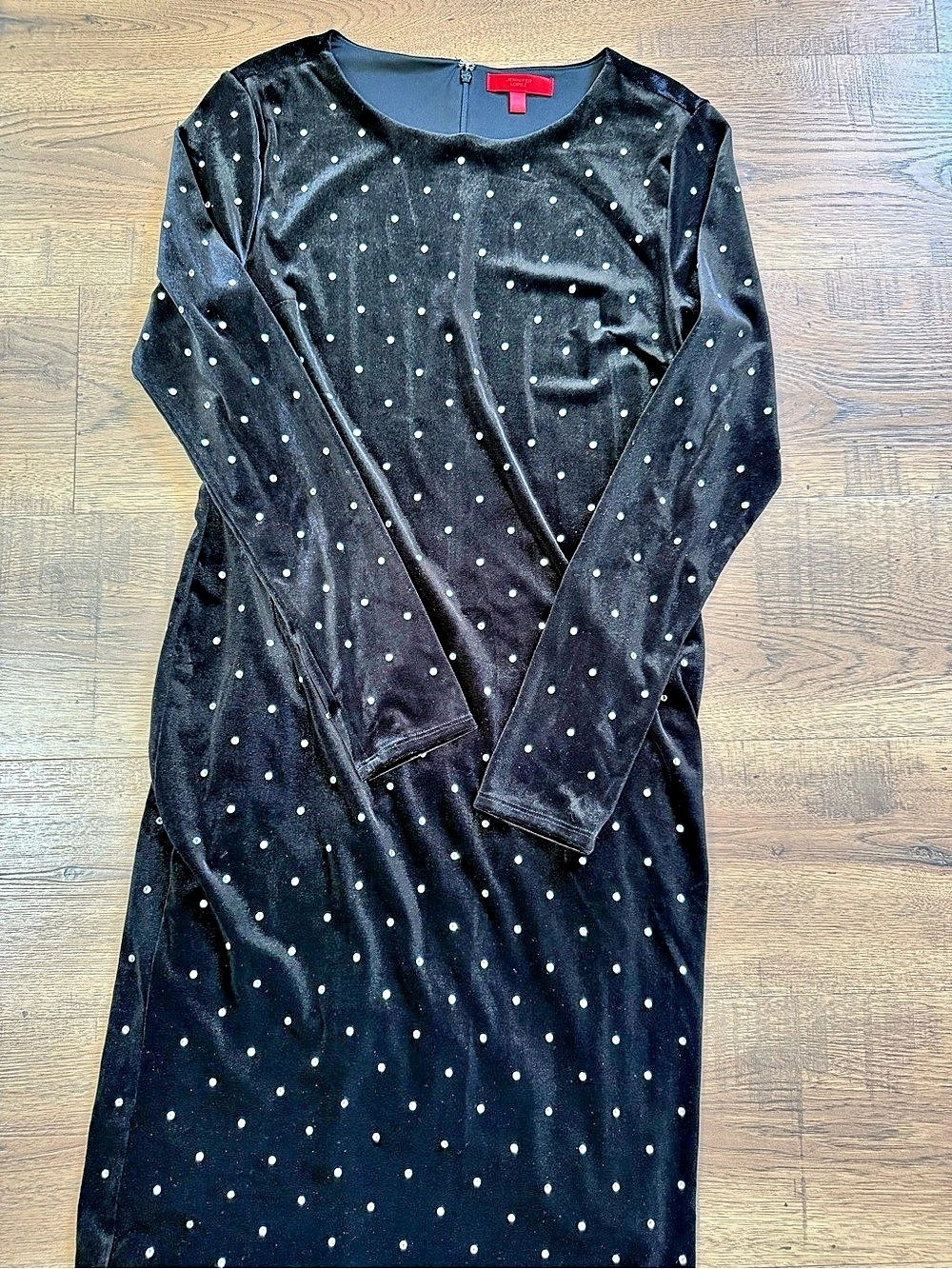 Jennifer Lopez M Black Velvet Rhinestone Sheath Midi Dress Lined Stretch - Picture 9 of 16